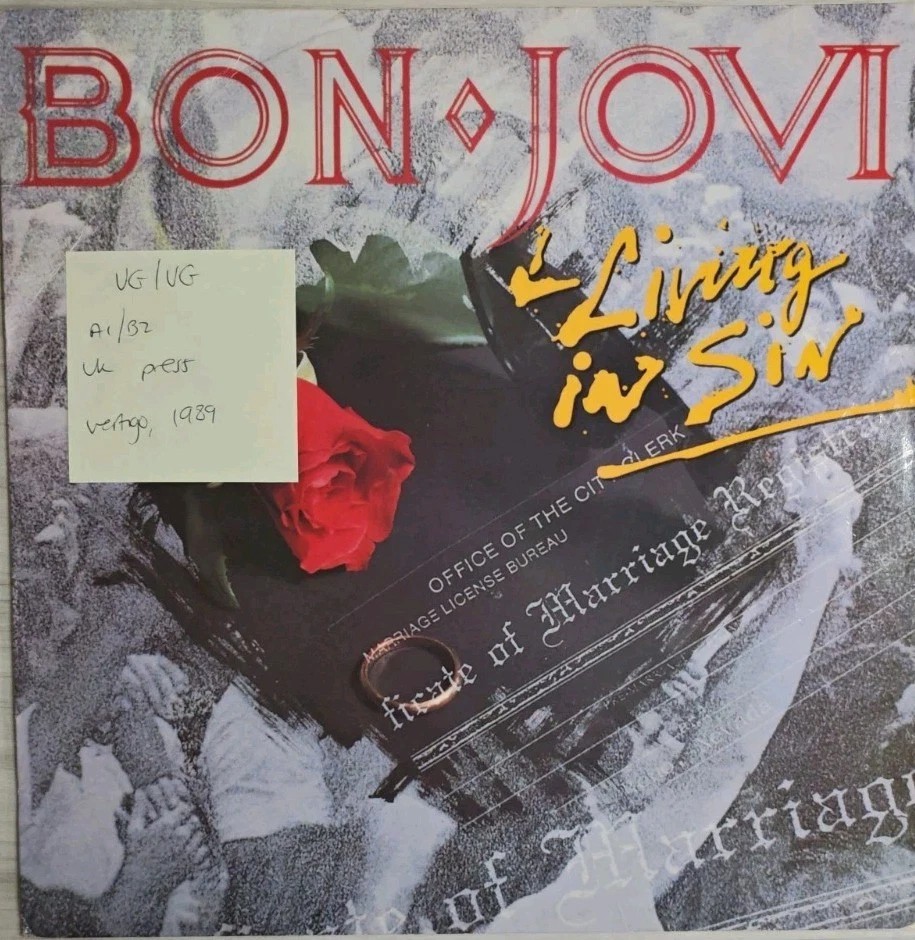 Bon Jovi Living In Sin Vinyl Record 12" VG/VG JOV 712 1989 sleeve Bon Jovi Living In Sin Vinyl Record 12" VG/VG JOV 712 1989 sleeve