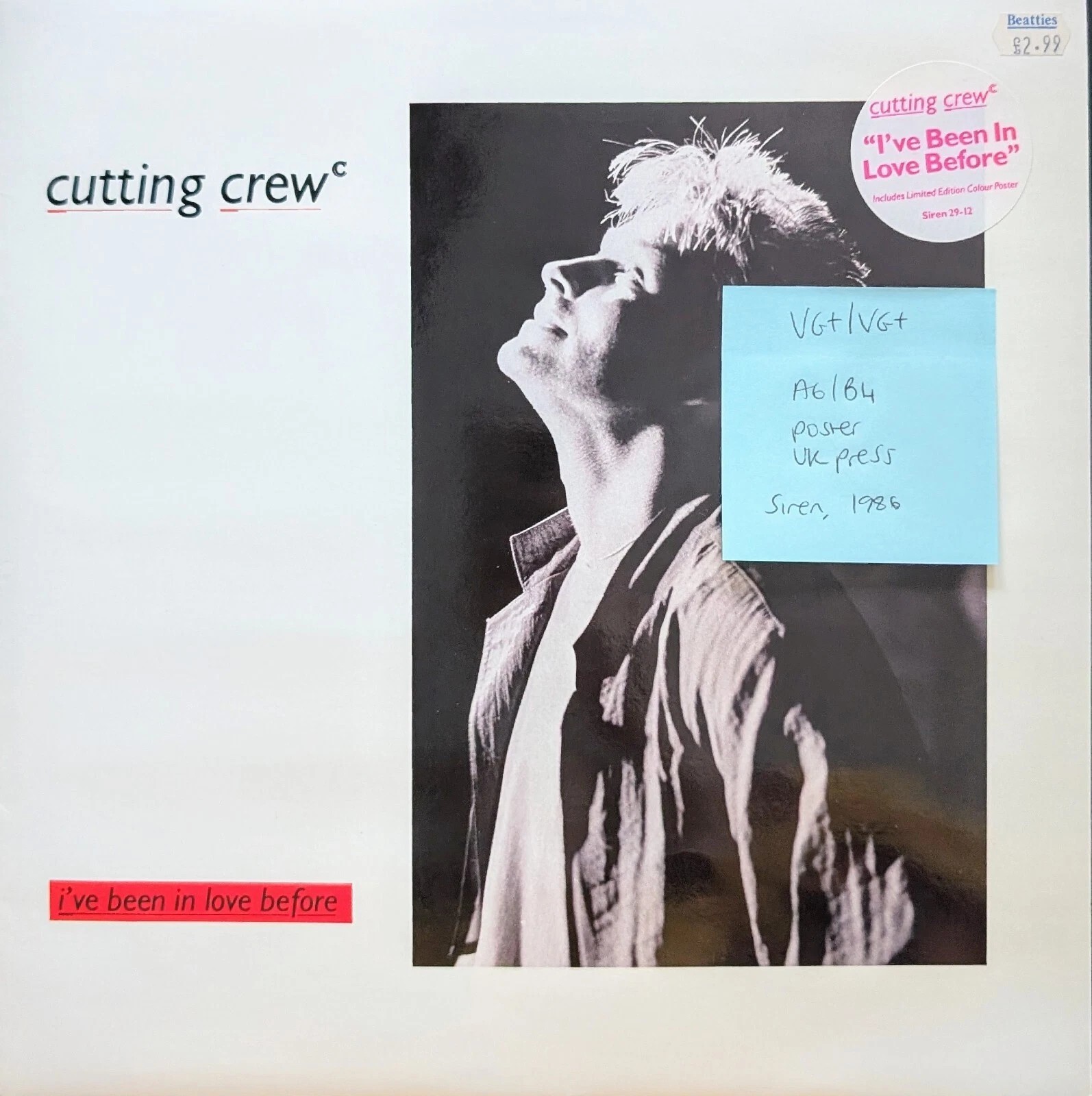 Cutting Crew I've Been In Love Before Vinyl Record 12" VG+/VG+ SIREN29-12 1986 sleeve Cutting Crew I've Been In Love Before Vinyl Record 12" VG+/VG+ SIREN29-12 1986 sleeve