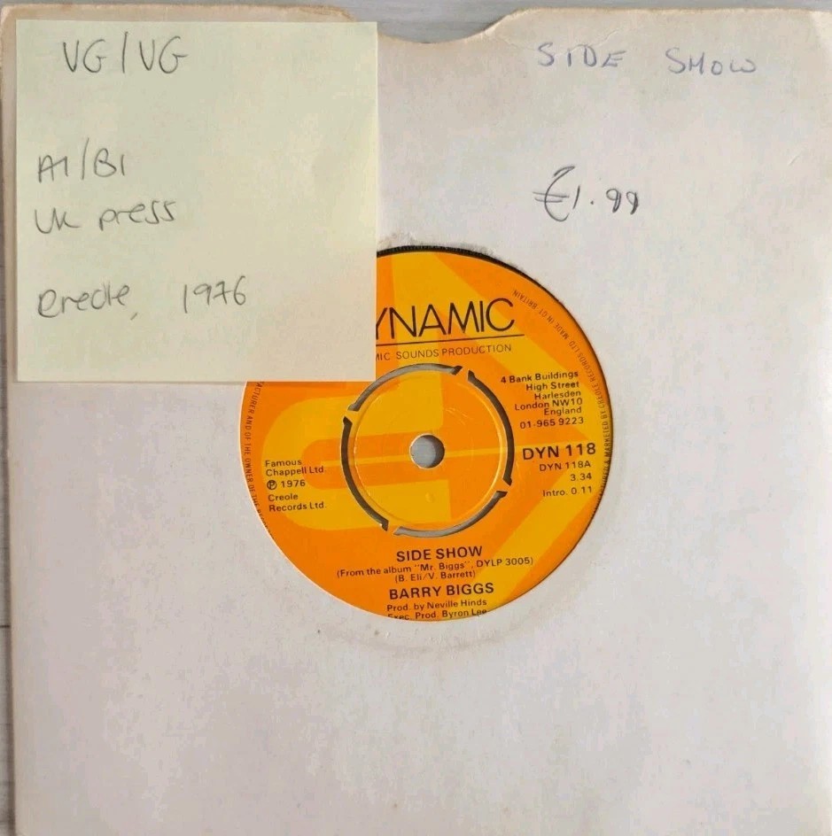 Barry Biggs Side Show Vinyl Record 7" VG/VG DYN118 1976 sleeve Barry Biggs Side Show Vinyl Record 7" VG/VG DYN118 1976 sleeve