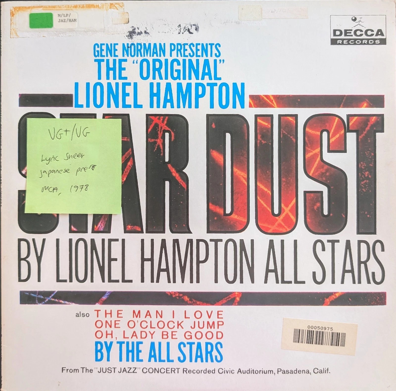 Gene Norman Lionel Hampton Just Jazz Concert Vinyl Record VG+/VG VIM5505 1978 sleeve Gene Norman Lionel Hampton Just Jazz Concert Vinyl Record VG+/VG VIM5505 1978 sleeve