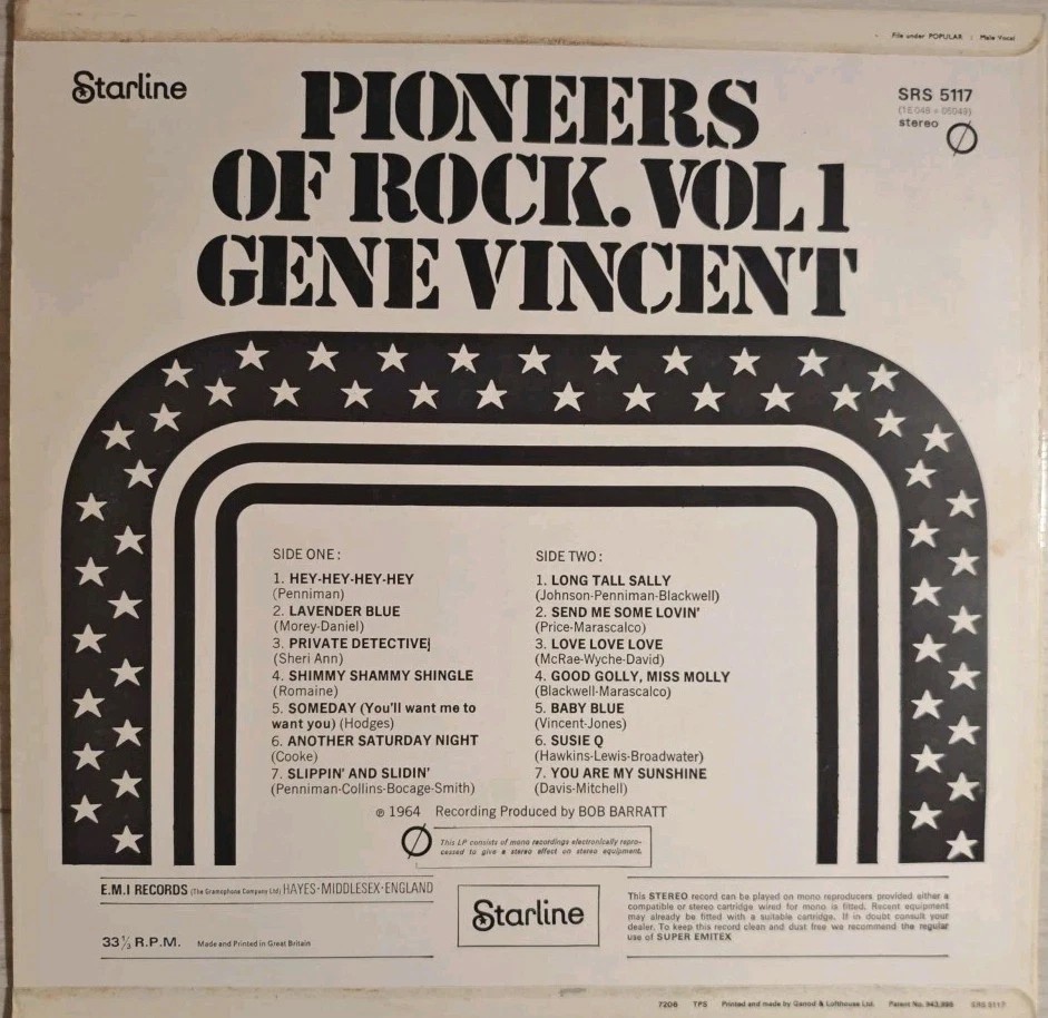 Gene Vincent Pioneers Of Rock. Vol 1 Vinyl Record LP VG+/VG SRS 5117 1964 sleeve Gene Vincent Pioneers Of Rock. Vol 1 Vinyl Record LP VG+/VG SRS 5117 1964 sleeve