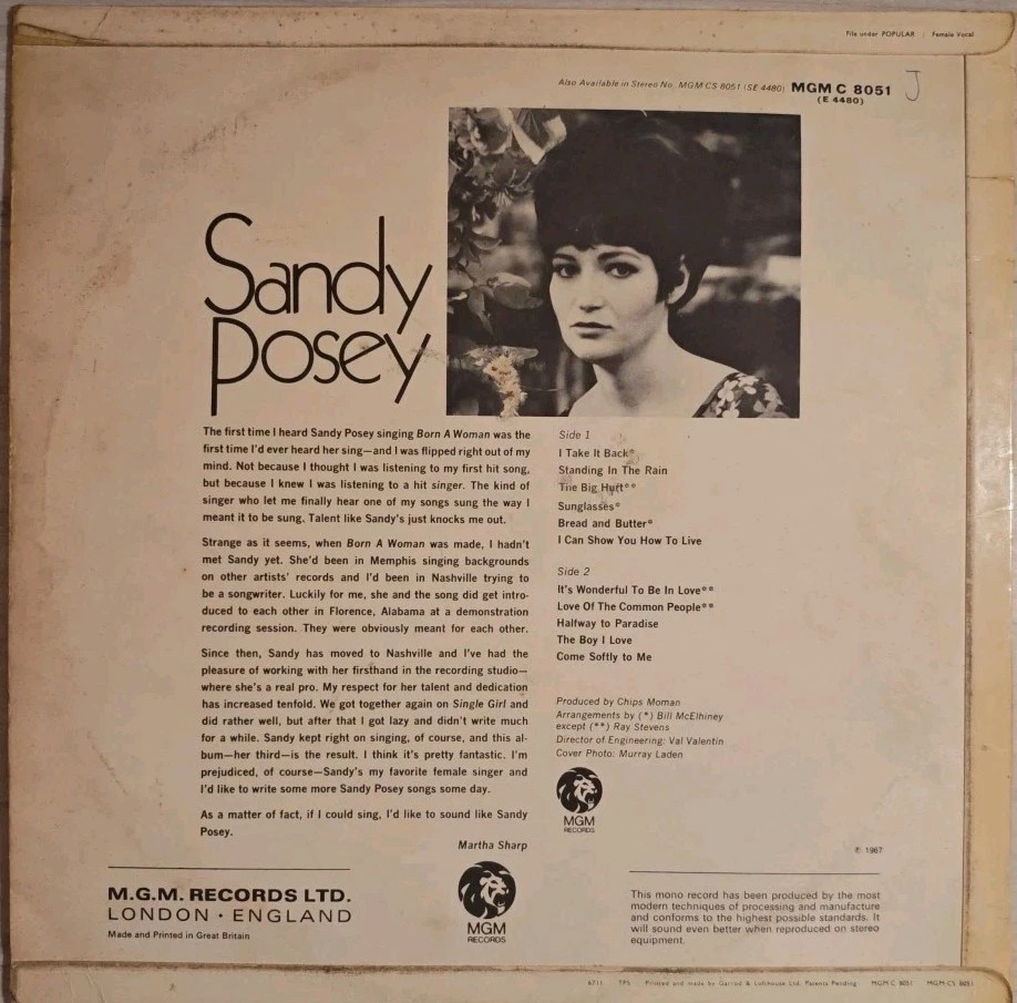 Sandy Posey Self Titled Vinyl Record LP VG+/VG C8051 1967 sleeve Sandy Posey Self Titled Vinyl Record LP VG+/VG C8051 1967 sleeve
