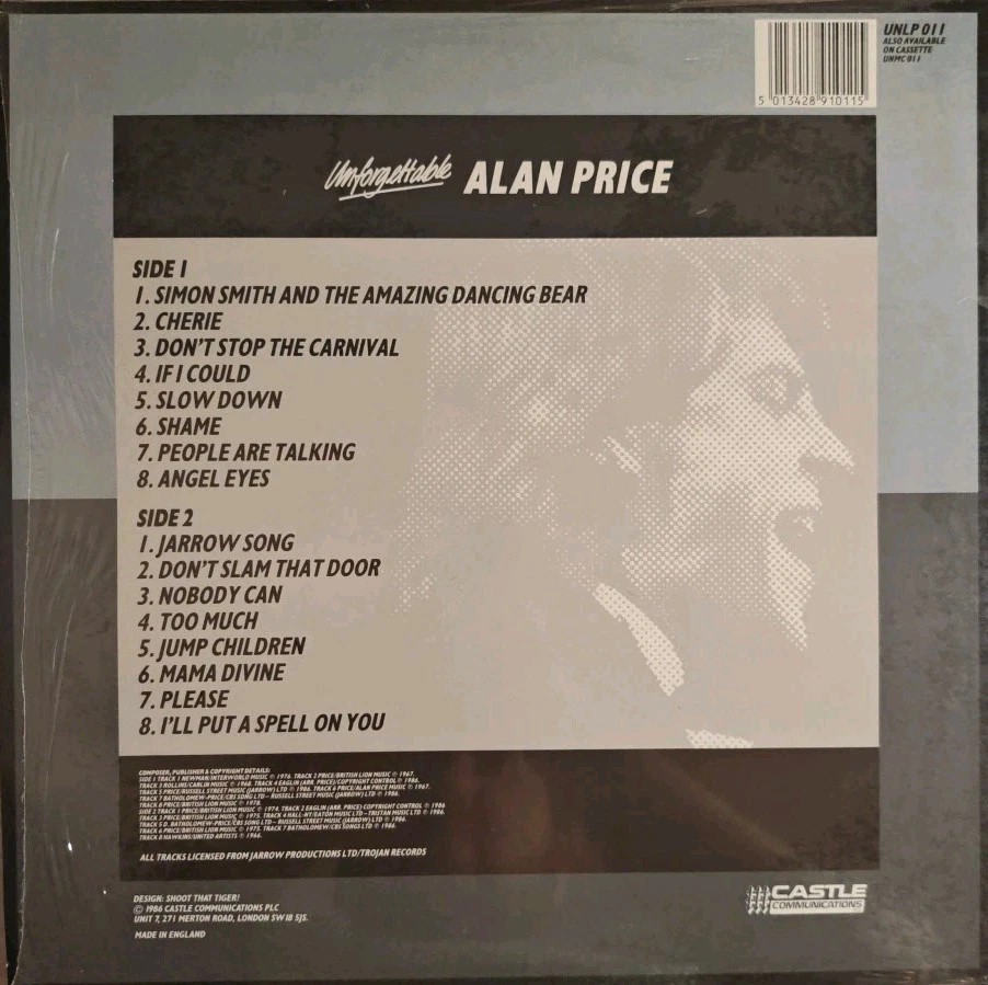 Alan Price Unforgettable 16 Golden Classics Vinyl Record LP VG+/VG UNLP011 1986 sleeve Alan Price Unforgettable 16 Golden Classics Vinyl Record LP VG+/VG UNLP011 1986 sleeve