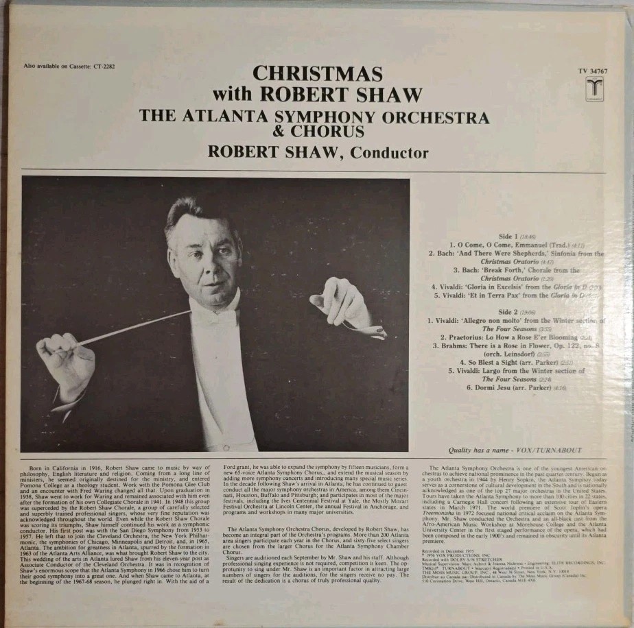 The Atlanta Orchestra Christmas With Robert Shaw Vinyl Record VG/VG TV 34767 sleeve The Atlanta Orchestra Christmas With Robert Shaw Vinyl Record VG/VG TV 34767 sleeve