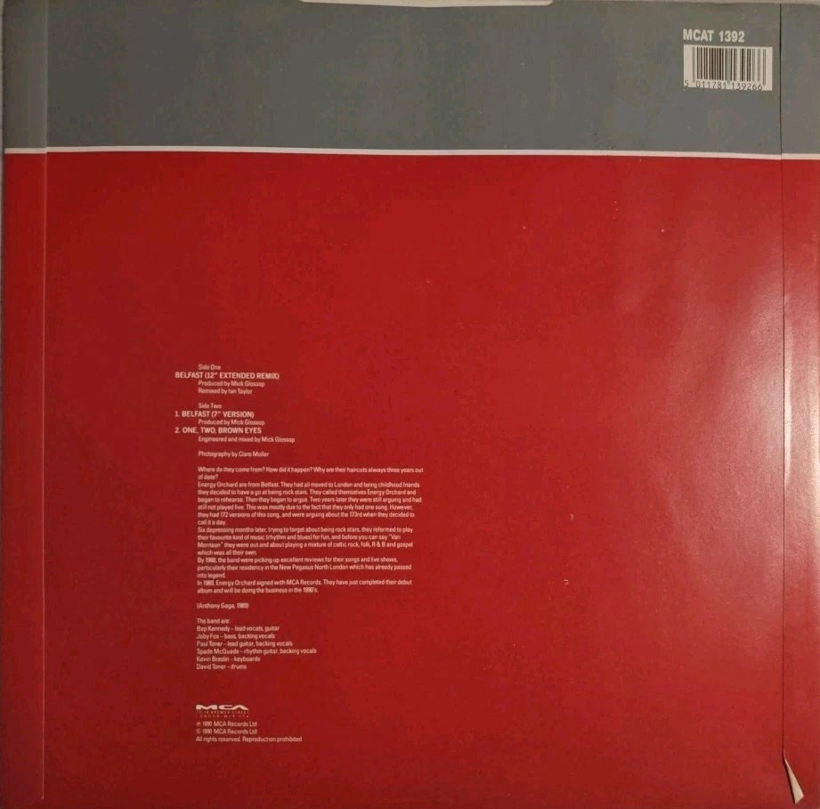 Energy Orchard Belfast Vinyl Record VG+/VG MCAT13920 1989 sleeve Energy Orchard Belfast Vinyl Record VG+/VG MCAT13920 1989 sleeve