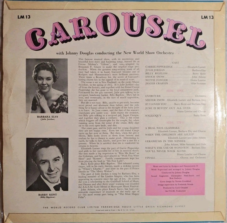 Carousel Rodgers and Hammerstein Vinyl Record VG/VG LM13 1961 sleeve Carousel Rodgers and Hammerstein Vinyl Record VG/VG LM13 1961 sleeve