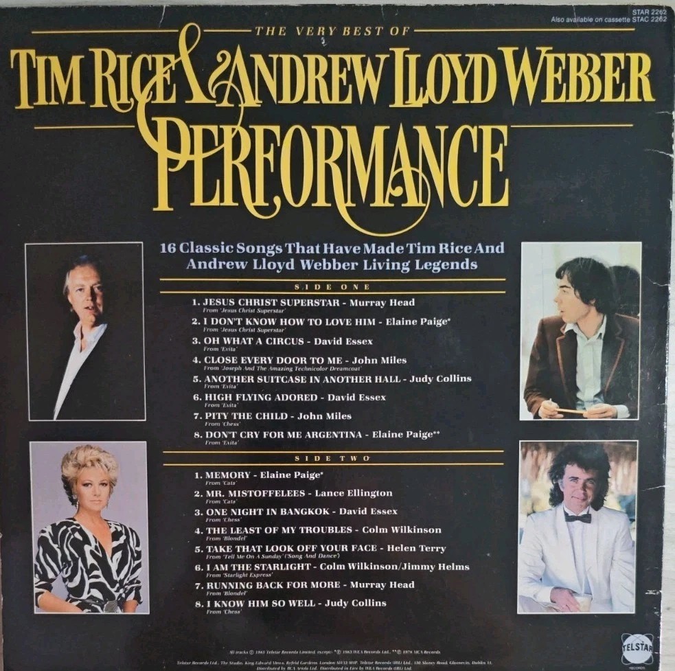Tim Rice And Andrew Llloyd Webber Performance Vinyl Record VG/G+ STAR2262 1985 sleeve Tim Rice And Andrew Llloyd Webber Performance Vinyl Record VG/G+ STAR2262 1985 sleeve