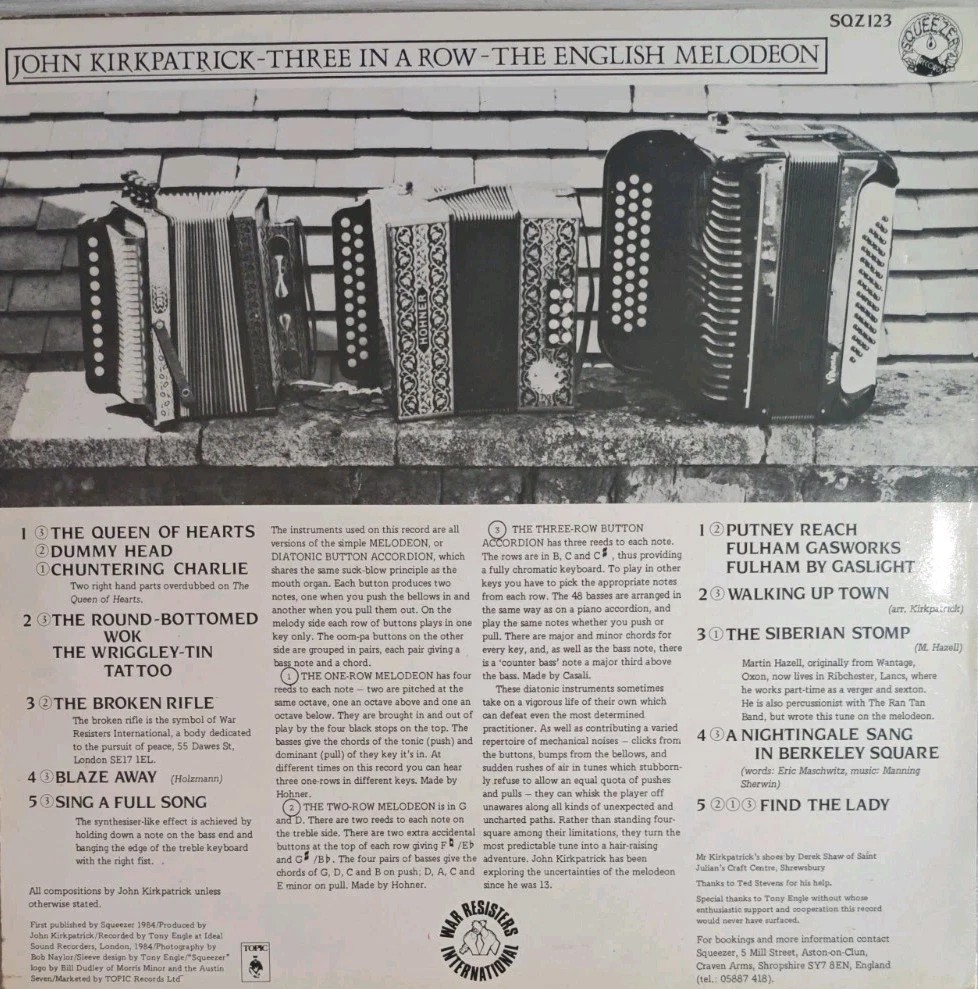 John Kirkpatrick Three In A Row Vinyl Record LP VG/VG SQZ123 1984 sleeve John Kirkpatrick Three In A Row Vinyl Record LP VG/VG SQZ123 1984 sleeve