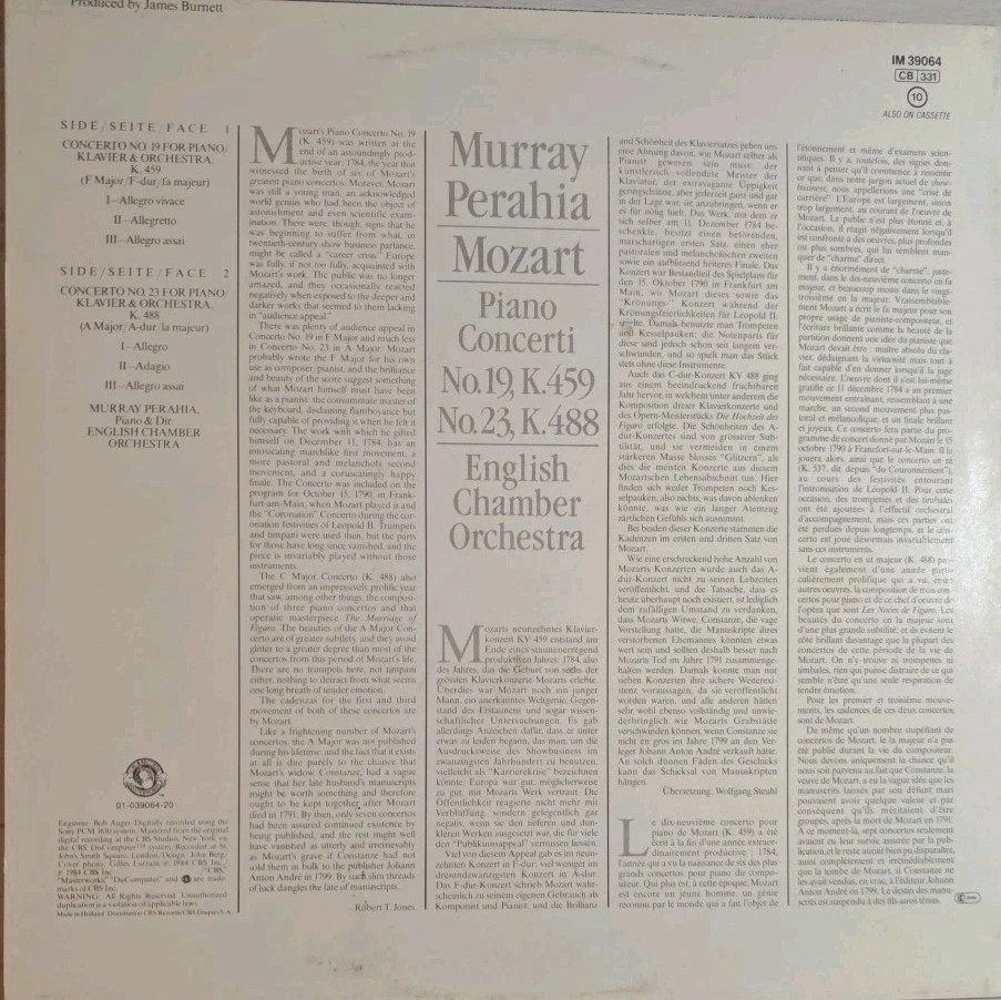 Mozart Piano Klavier Concs Vinyl Record EX/VG+ IM39064 1984 sleeve Mozart Piano Klavier Concs Vinyl Record EX/VG+ IM39064 1984 sleeve