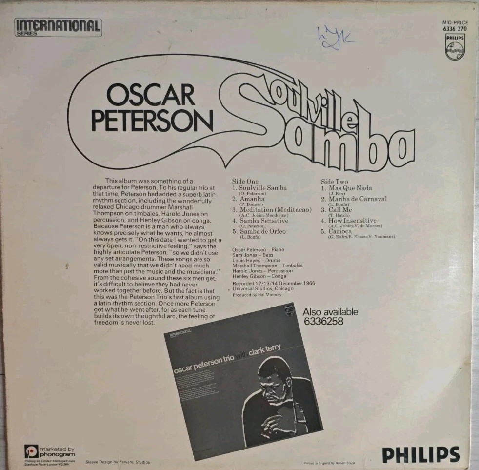 Oscar Peterson Soulville Samba Vinyl Record LP VG/VG 6336270 1967 sleeve Oscar Peterson Soulville Samba Vinyl Record LP VG/VG 6336270 1967 sleeve