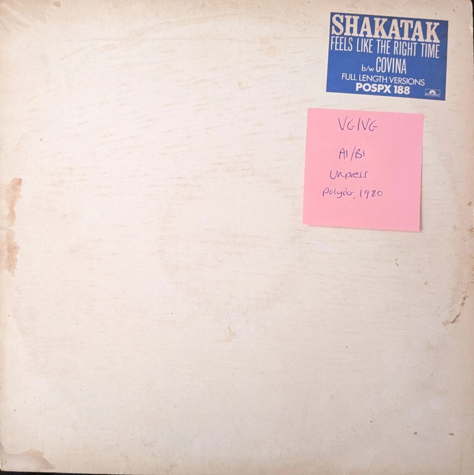 Shakatak Feels Like The Right Time Vinyl Record 12" VG/VG POSPX188 1980 sleeve Shakatak Feels Like The Right Time Vinyl Record 12" VG/VG POSPX188 1980 sleeve