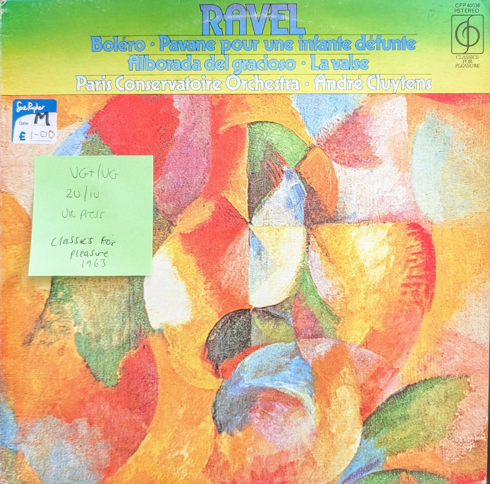 Ravel Orchestral Music Of Ravel Vinyl Record VG+/VG CFP40036 1963 sleeve Ravel Orchestral Music Of Ravel Vinyl Record VG+/VG CFP40036 1963 sleeve