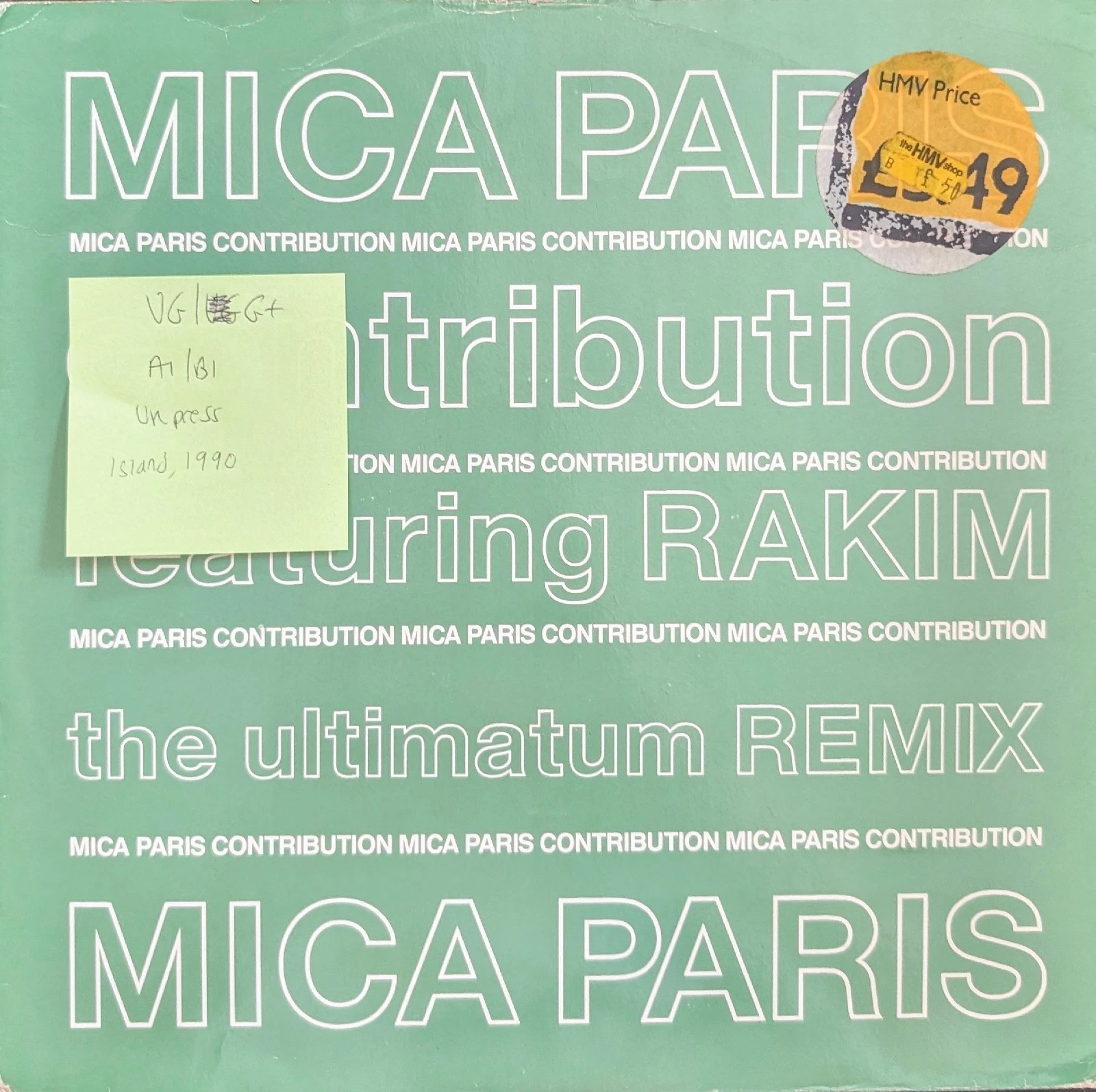 Mica Paris Contribution Vinyl Record 12" VG/G+ 12BRX188 1990 sleeve Mica Paris Contribution Vinyl Record 12" VG/G+ 12BRX188 1990 sleeve