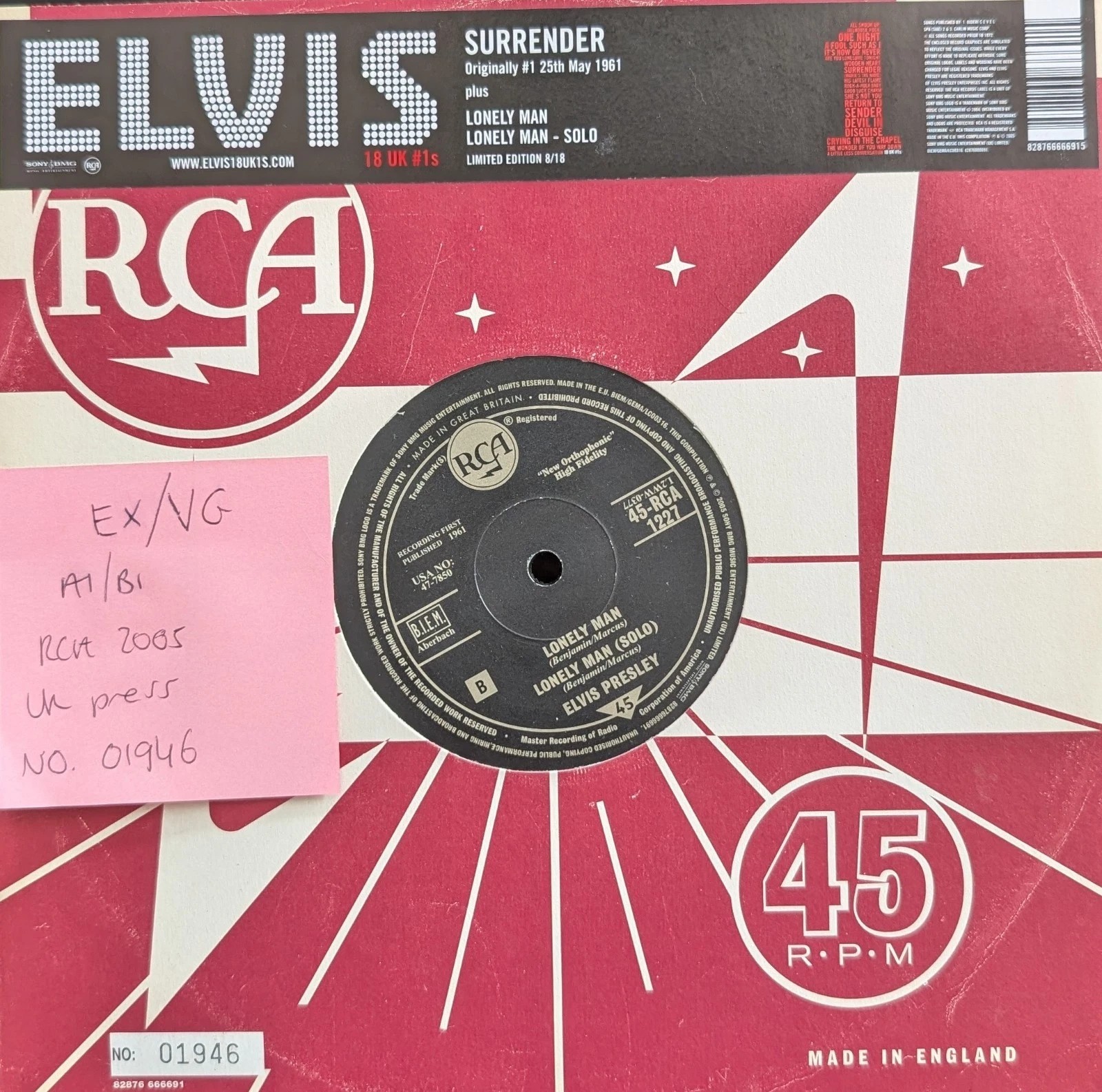 Elvis Presley UK 10" 8/18 Surrender Vinyl Record EX/VG 2005 #1946 sleeve Elvis Presley UK 10" 8/18 Surrender Vinyl Record EX/VG 2005 #1946 sleeve