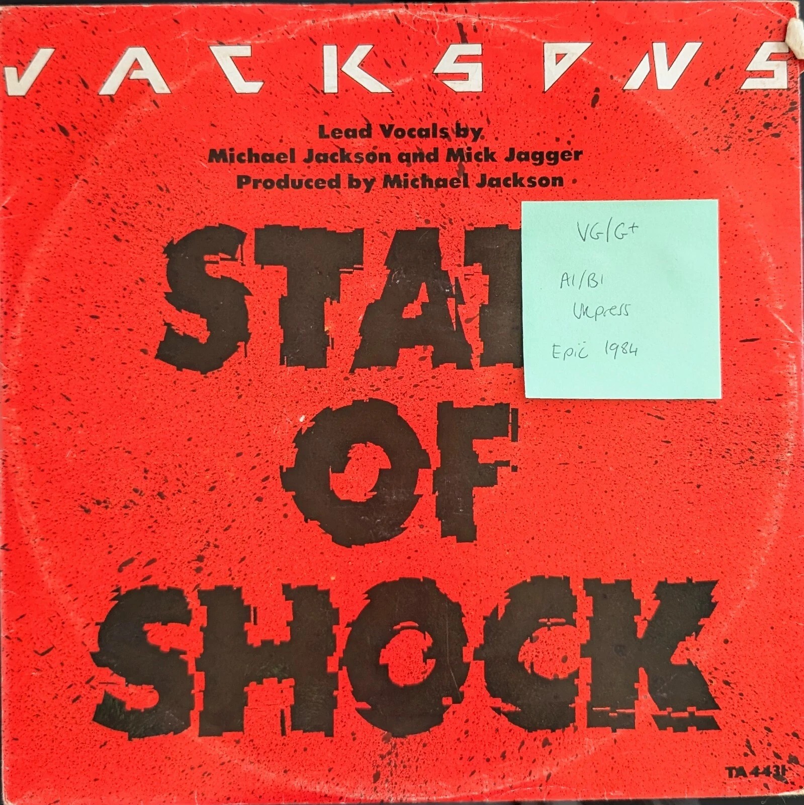 The Jacksons State Of Shock Vinyl Record 12" VG/G+ TA4431 1984 vinyl record sleeve The Jacksons State Of Shock Vinyl Record 12" VG/G+ TA4431 1984 vinyl record sleeve