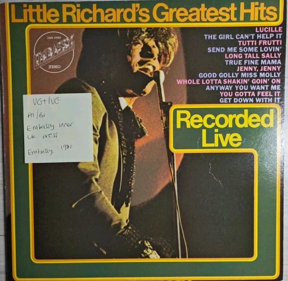 Little Richard's Greatest Hits Recorded Live Vinyl Record VG+/VG EMB 31065 1971 sleeve Little Richard's Greatest Hits Recorded Live Vinyl Record VG+/VG EMB 31065 1971 sleeve