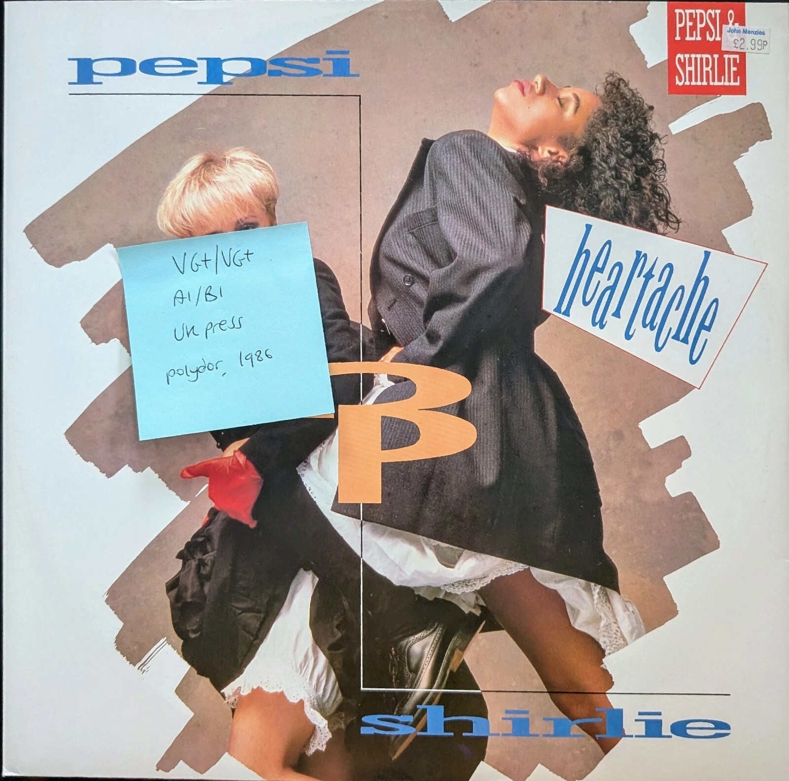 Pepsi & Shirlie Heartache Vinyl Record 12" VG+/VG+ POSPX 837 1986 sleeve Pepsi & Shirlie Heartache Vinyl Record 12" VG+/VG+ POSPX 837 1986 sleeve