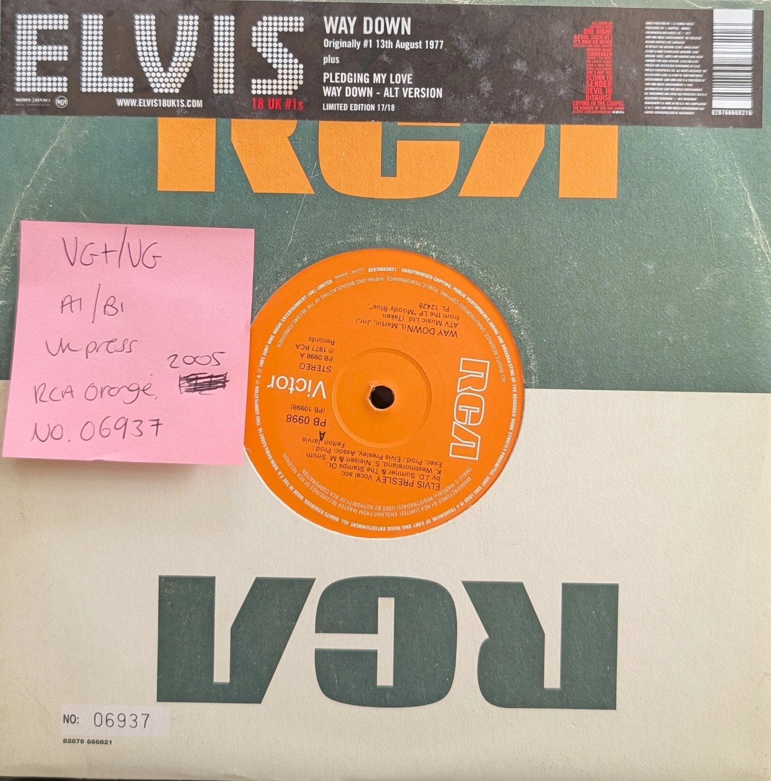 Elvis Presley UK 10" 17/18 Way Down Vinyl Record VG+/VG 2005 #6937 sleeve Elvis Presley UK 10" 17/18 Way Down Vinyl Record VG+/VG 2005 #6937 sleeve