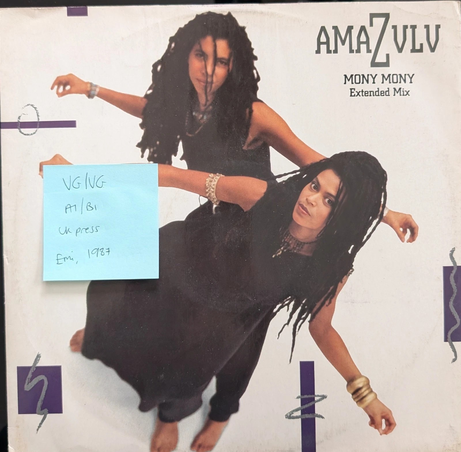 Amazulu Mony Mony Extended Mix Vinyl Record 12" VG/VG 12EM32 1987 sleeve Amazulu Mony Mony Extended Mix Vinyl Record 12" VG/VG 12EM32 1987 sleeve