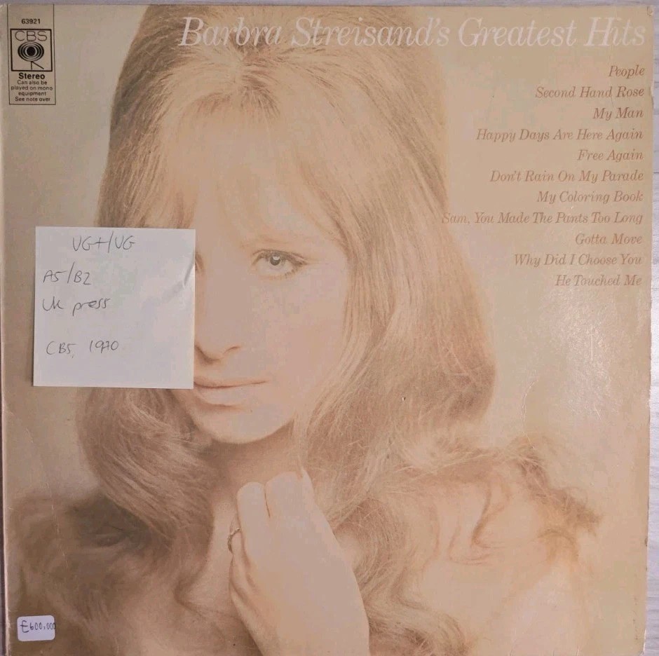 Barbra Streisand Greatest Hits Vinyl Record LP VG+/VG CBS63921 1970 sleeve Barbra Streisand Greatest Hits Vinyl Record LP VG+/VG CBS63921 1970 sleeve
