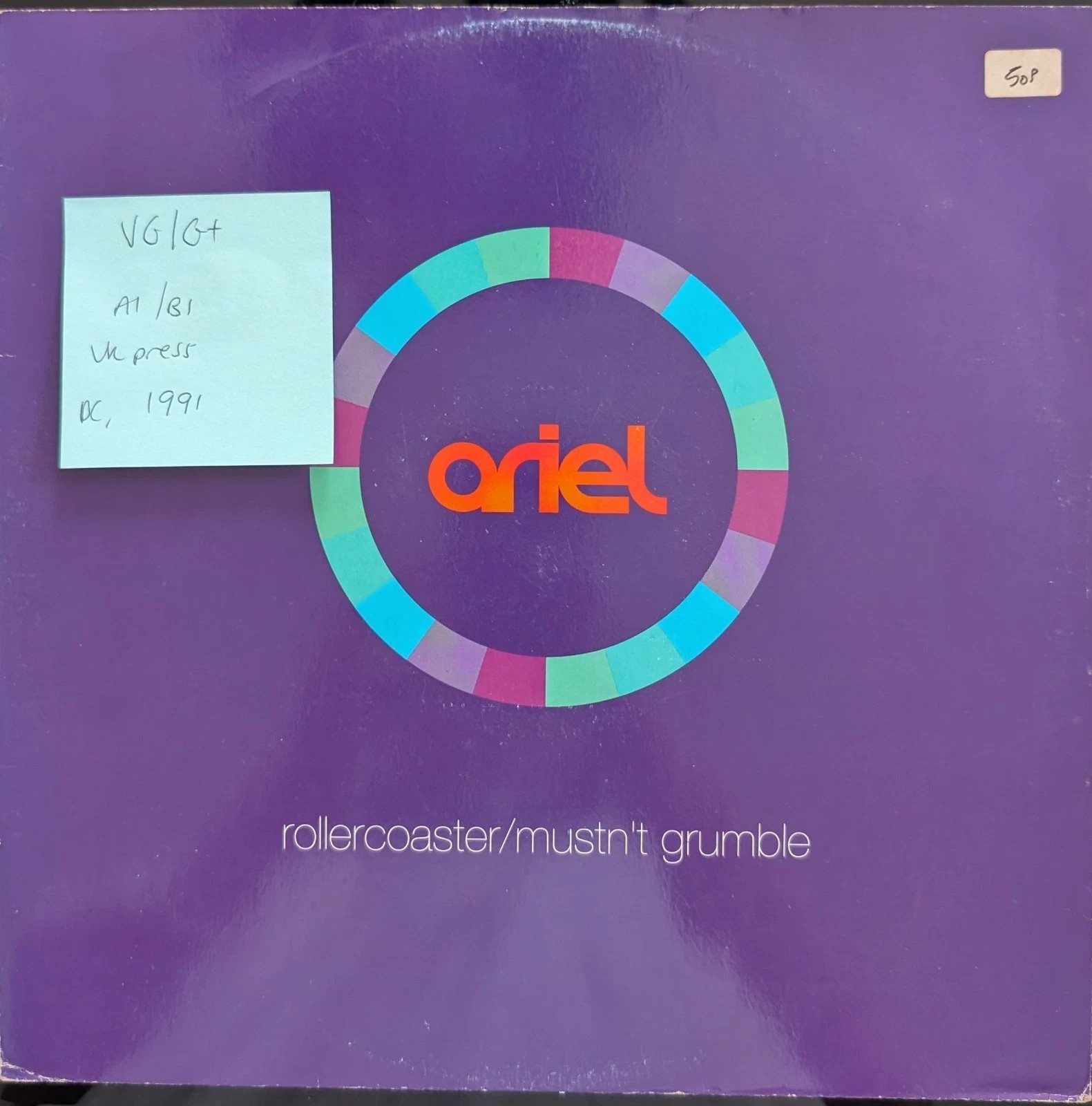 Ariel Rollercoaster / Mustn't Grumble Vinyl Record 12" VG/G+ PT44888 1991 sleeve Ariel Rollercoaster / Mustn't Grumble Vinyl Record 12" VG/G+ PT44888 1991 sleeve