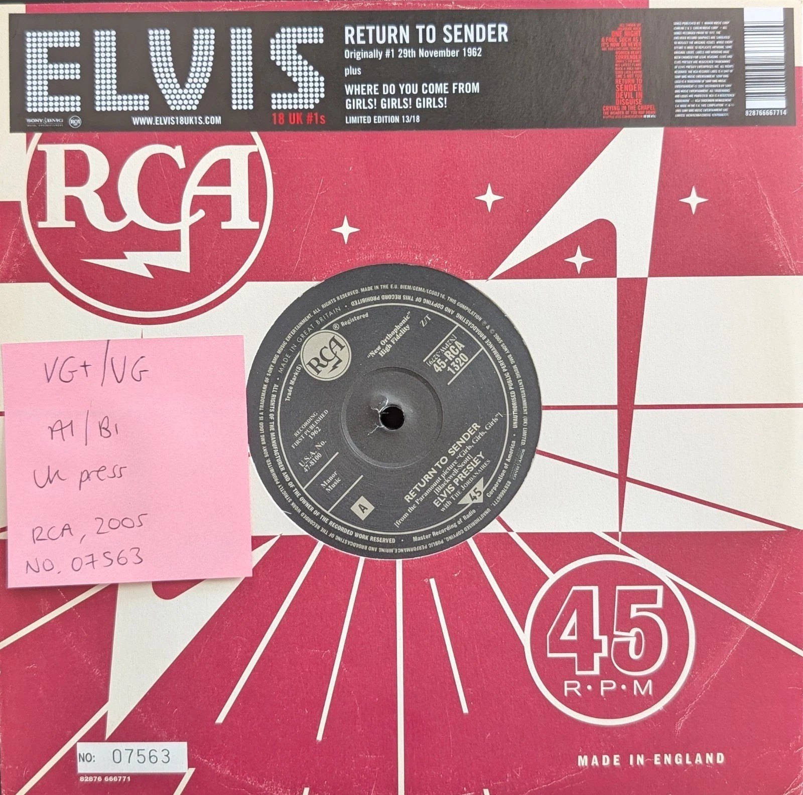 Elvis Presley UK 10" 13/18 Return To Sender Vinyl Record VG+/VG 2005 #7563 sleeve Elvis Presley UK 10" 13/18 Return To Sender Vinyl Record VG+/VG 2005 #7563 sleeve