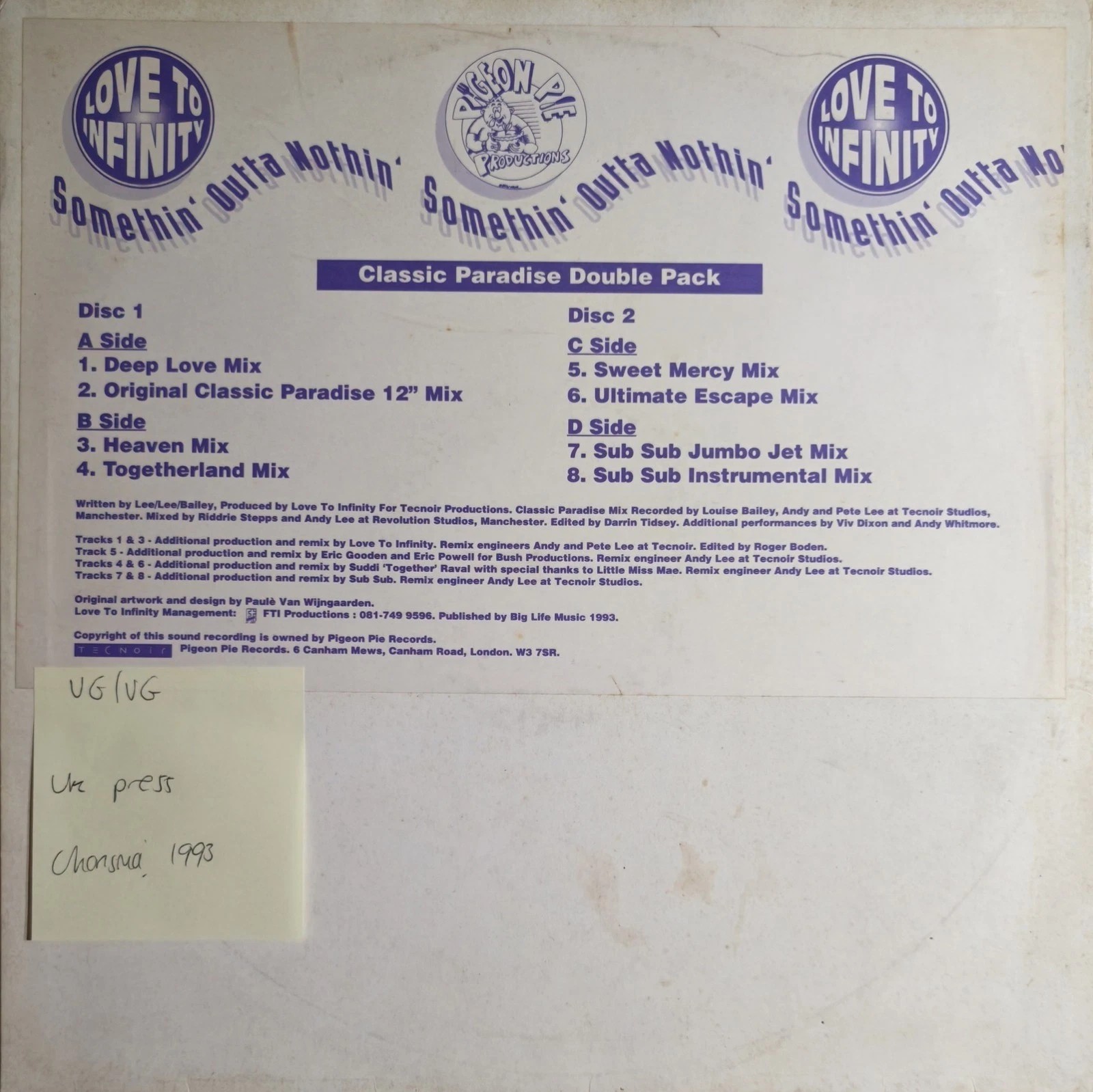 Love To Infinity Somethin' Outta Nothin' Vinyl Record 12" VG/VG 12PPPR 11 1993 vinyl record sleeve Love To Infinity Somethin' Outta Nothin' Vinyl Record 12" VG/VG 12PPPR 11 1993 vinyl record sleeve