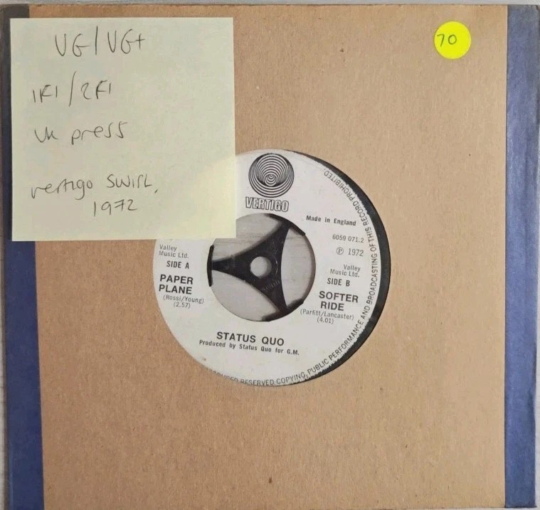 Status Quo Vinyl Record 7" VG/VG 6059071 1972 Vertigo Swirl sleeve Status Quo Vinyl Record 7" VG/VG 6059071 1972 Vertigo Swirl sleeve