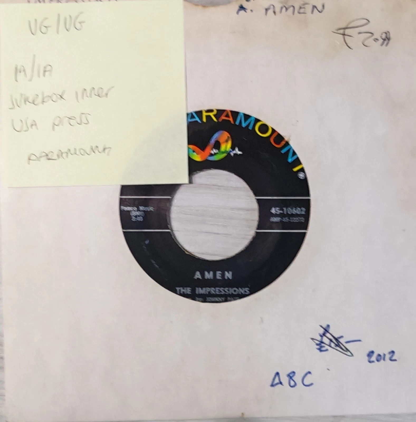 The Impressions Amen/Long Long Winter Vinyl Record 7" VG/VG 45-10602 1964 sleeve The Impressions Amen/Long Long Winter Vinyl Record 7" VG/VG 45-10602 1964 sleeve