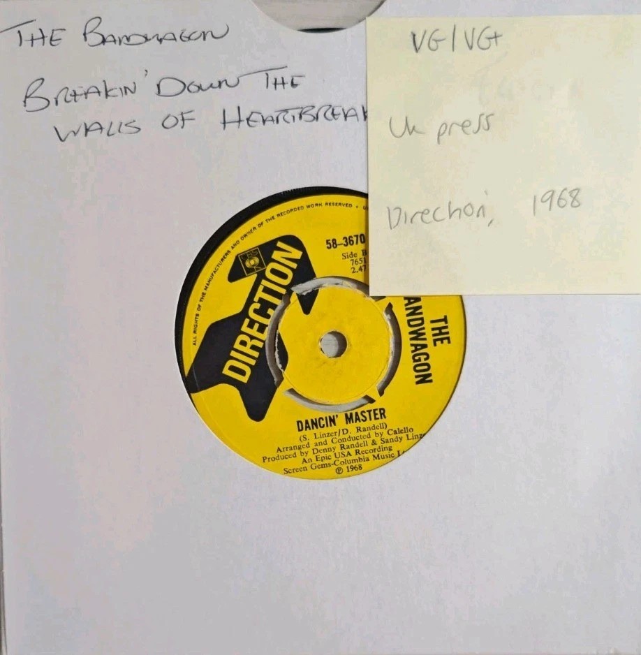 The Bandwagon Breakin Down The Walls Of Heartache Vinyl Record 7" VG/VG+ 58-3670 sleeve The Bandwagon Breakin Down The Walls Of Heartache Vinyl Record 7" VG/VG+ 58-3670 sleeve