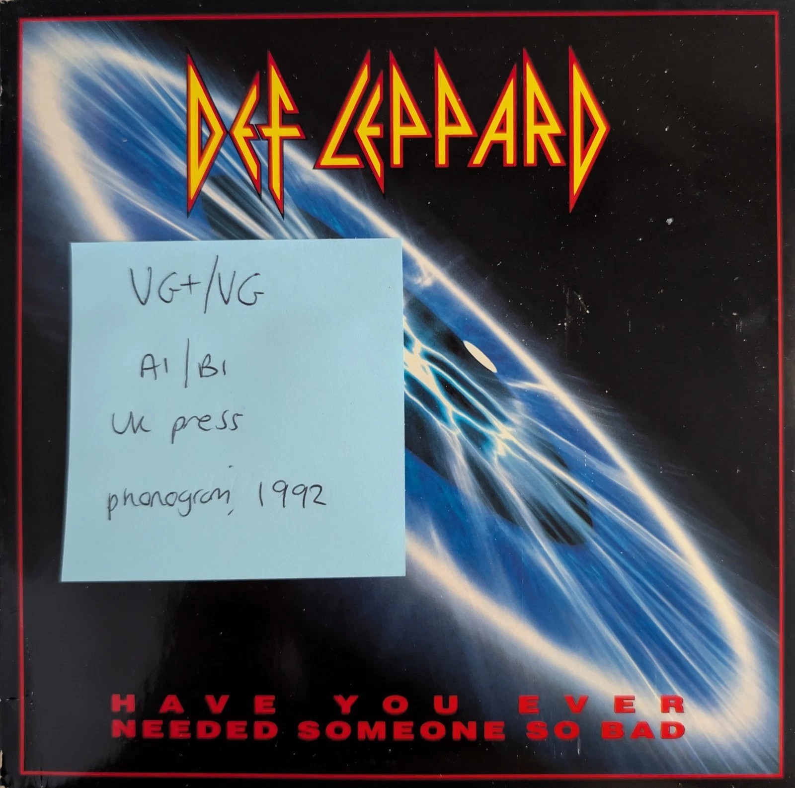 Def Leppard Have You Ever Needed Someone So Bad Vinyl Record 7" VG+/VG LEP8 1992 vinyl record sleeve Def Leppard Have You Ever Needed Someone So Bad Vinyl Record 7" VG+/VG LEP8 1992 vinyl record sleeve