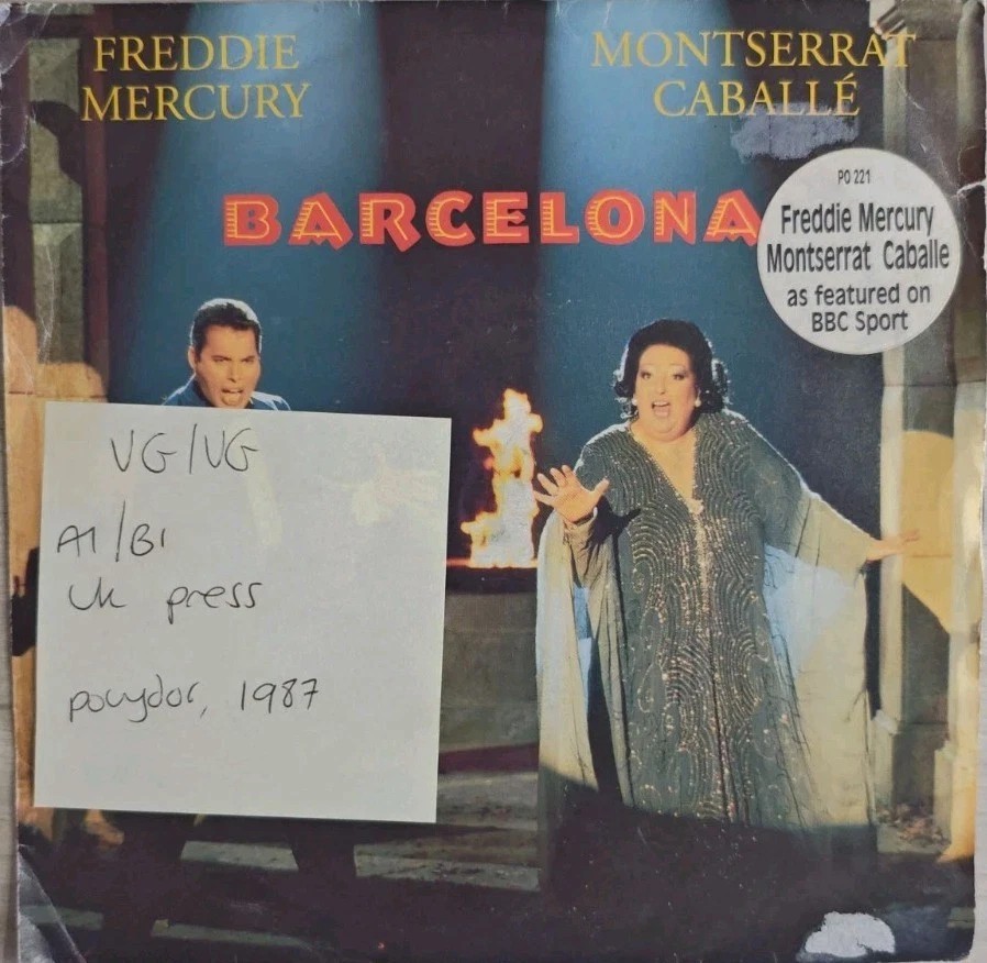 Freddie Mercury & Montserrat Caballé Barcelona Vinyl Record 7" VG/VG PO221 1987 vinyl record sleeve Freddie Mercury & Montserrat Caballé Barcelona Vinyl Record 7" VG/VG PO221 1987 vinyl record sleeve