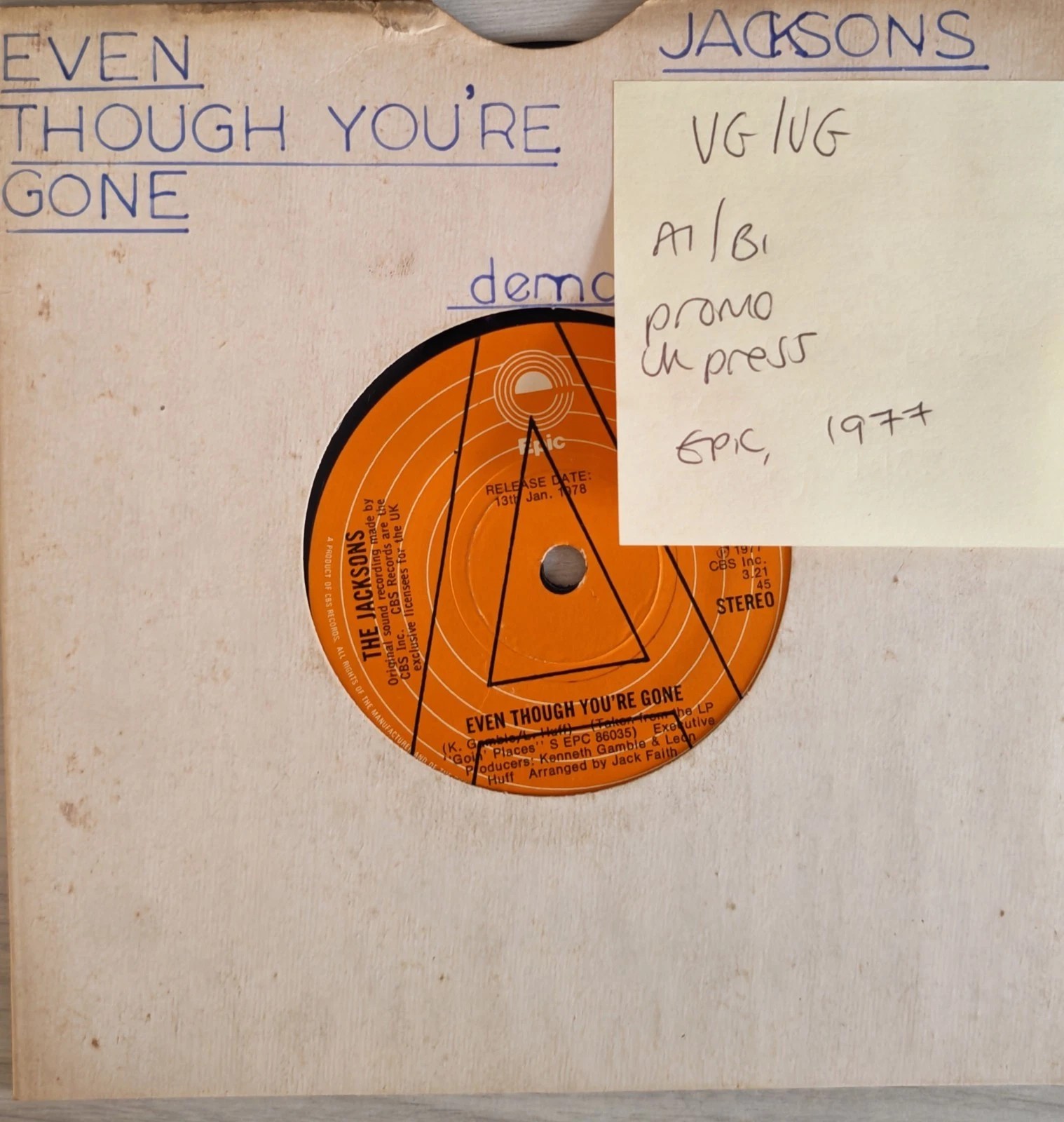The Jacksons Even Though You're Gone Vinyl Record 7" VG/VG EPC5919 1977 vinyl record sleeve The Jacksons Even Though You're Gone Vinyl Record 7" VG/VG EPC5919 1977 vinyl record sleeve