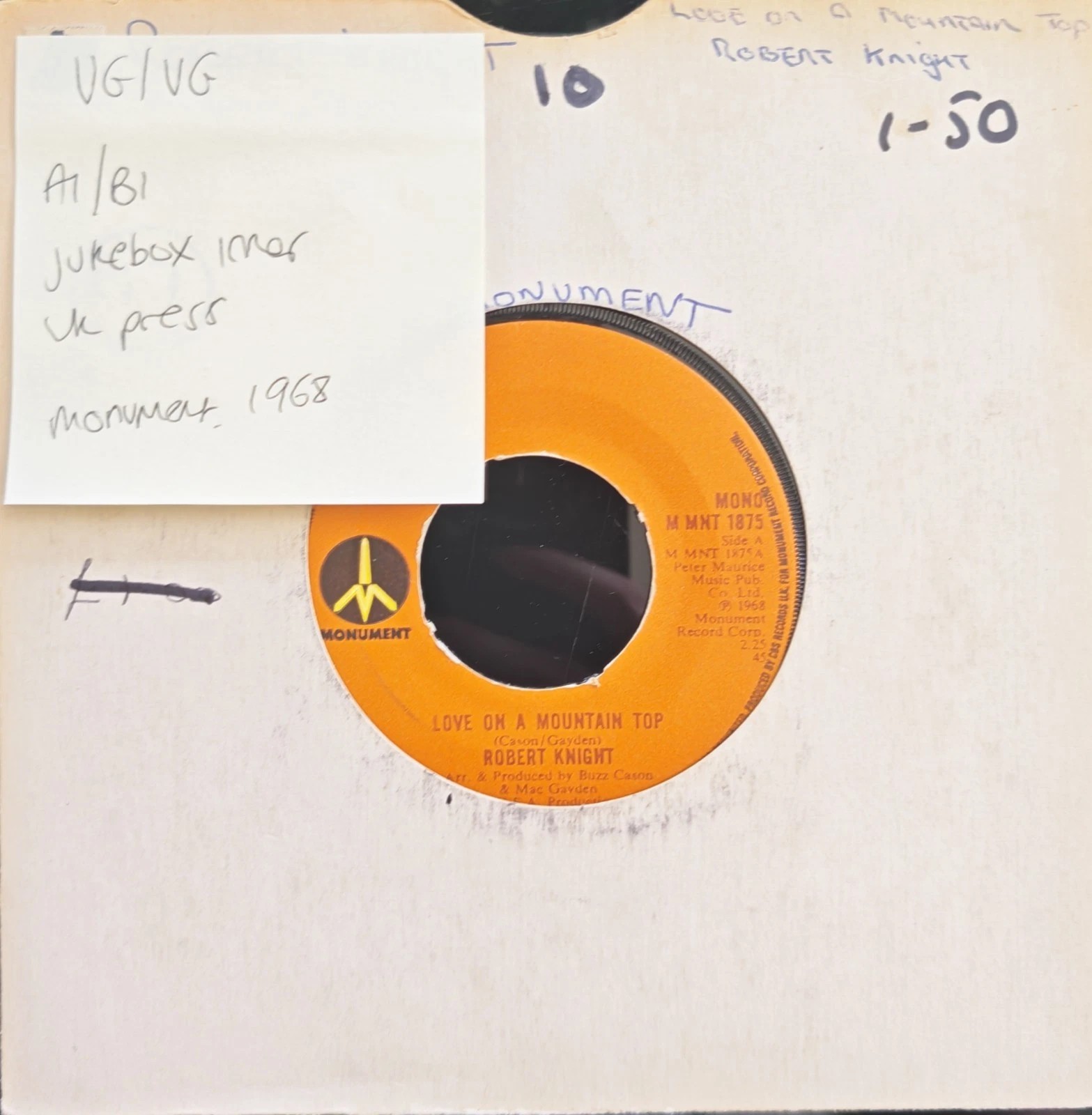 Robert Knight A Love On A Mountain Top Vinyl Record 7" VG/VG MNT1875 1968 sleeve Robert Knight A Love On A Mountain Top Vinyl Record 7" VG/VG MNT1875 1968 sleeve