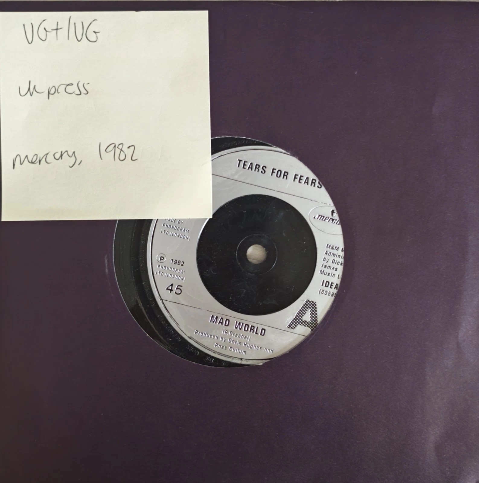 Tears For Fears Mad World Vinyl Record 7" VG+/VG IDEA3 1982 vinyl record sleeve Tears For Fears Mad World Vinyl Record 7" VG+/VG IDEA3 1982 vinyl record sleeve