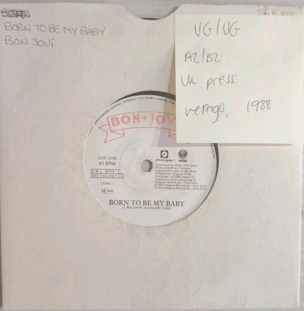 Bon Jovi Born Tone My Baby Vinyl Record 7" VG/VG JOV4 1988 vinyl record sleeve Bon Jovi Born Tone My Baby Vinyl Record 7" VG/VG JOV4 1988 vinyl record sleeve