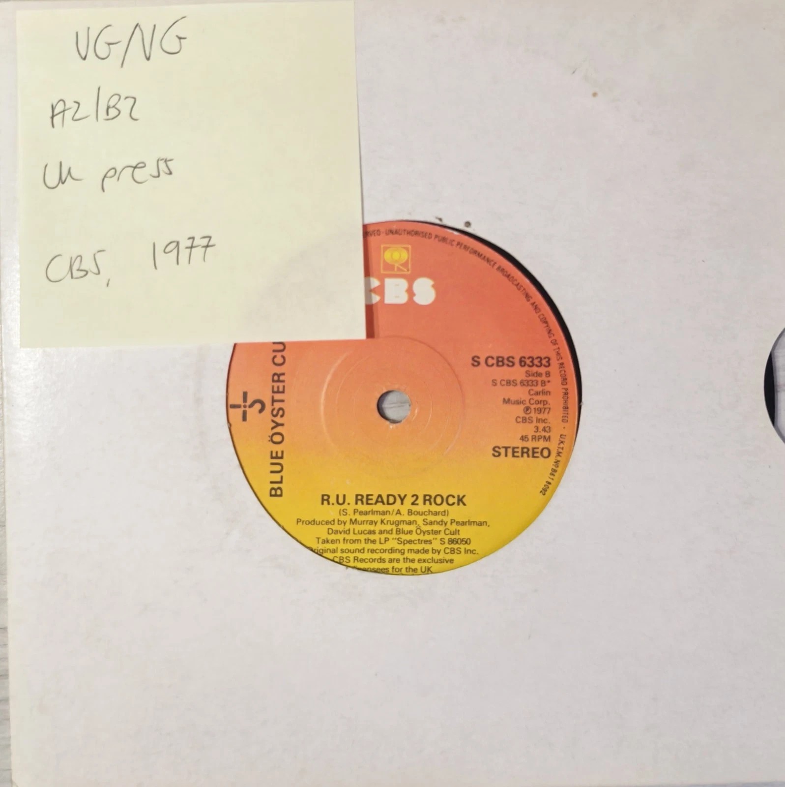 Blue Oyster Cult Don’t Fear The Reape Vinyl Record 7" VG/VG S CBS 6333 1976 vinyl record sleeve Blue Oyster Cult Don’t Fear The Reape Vinyl Record 7" VG/VG S CBS 6333 1976 vinyl record sleeve