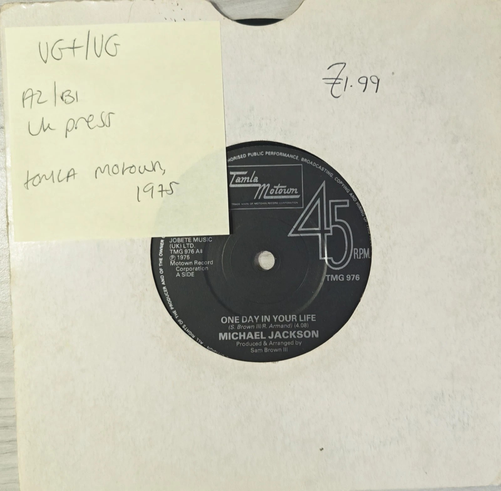 Michael Jackson One Day In Your Life Vinyl Record 7" VG+/VG TMG 976 1975 sleeve Michael Jackson One Day In Your Life Vinyl Record 7" VG+/VG TMG 976 1975 sleeve