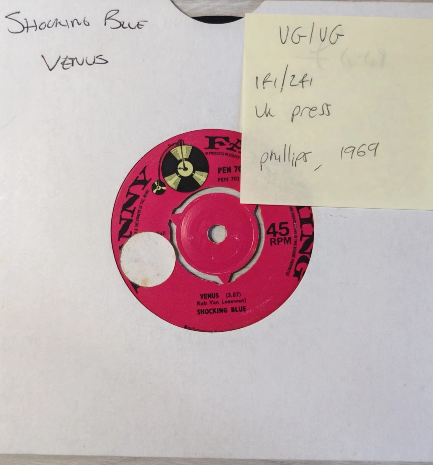 Shocking Blue Venus Vinyl Record 7" VG/VG PEN702 1969 sleeve Shocking Blue Venus Vinyl Record 7" VG/VG PEN702 1969 sleeve