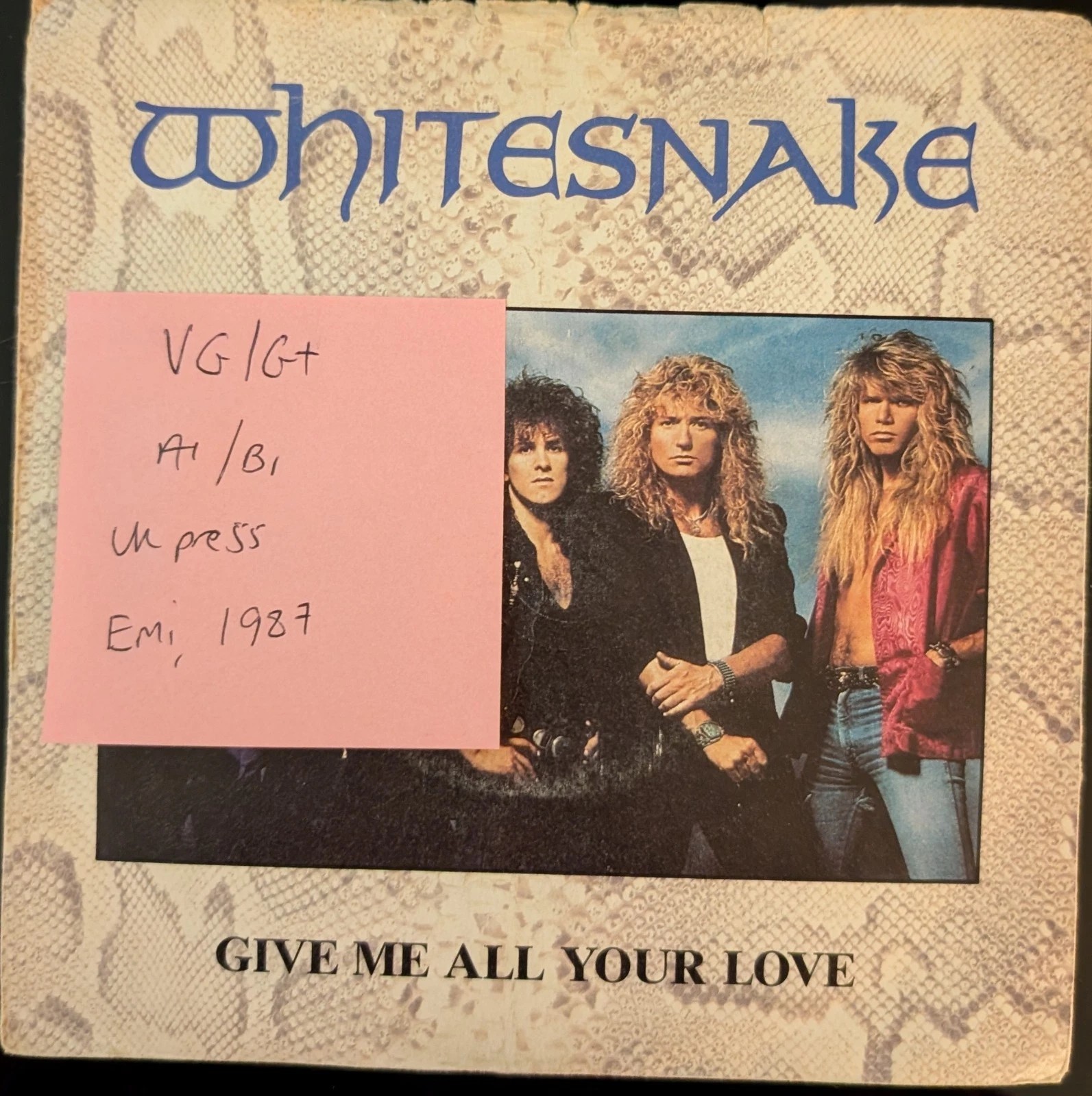 Whitesnake Give Me All Your Love Vinyl Record 7" VG/G+ EM23 1987 vinyl record sleeve Whitesnake Give Me All Your Love Vinyl Record 7" VG/G+ EM23 1987 vinyl record sleeve
