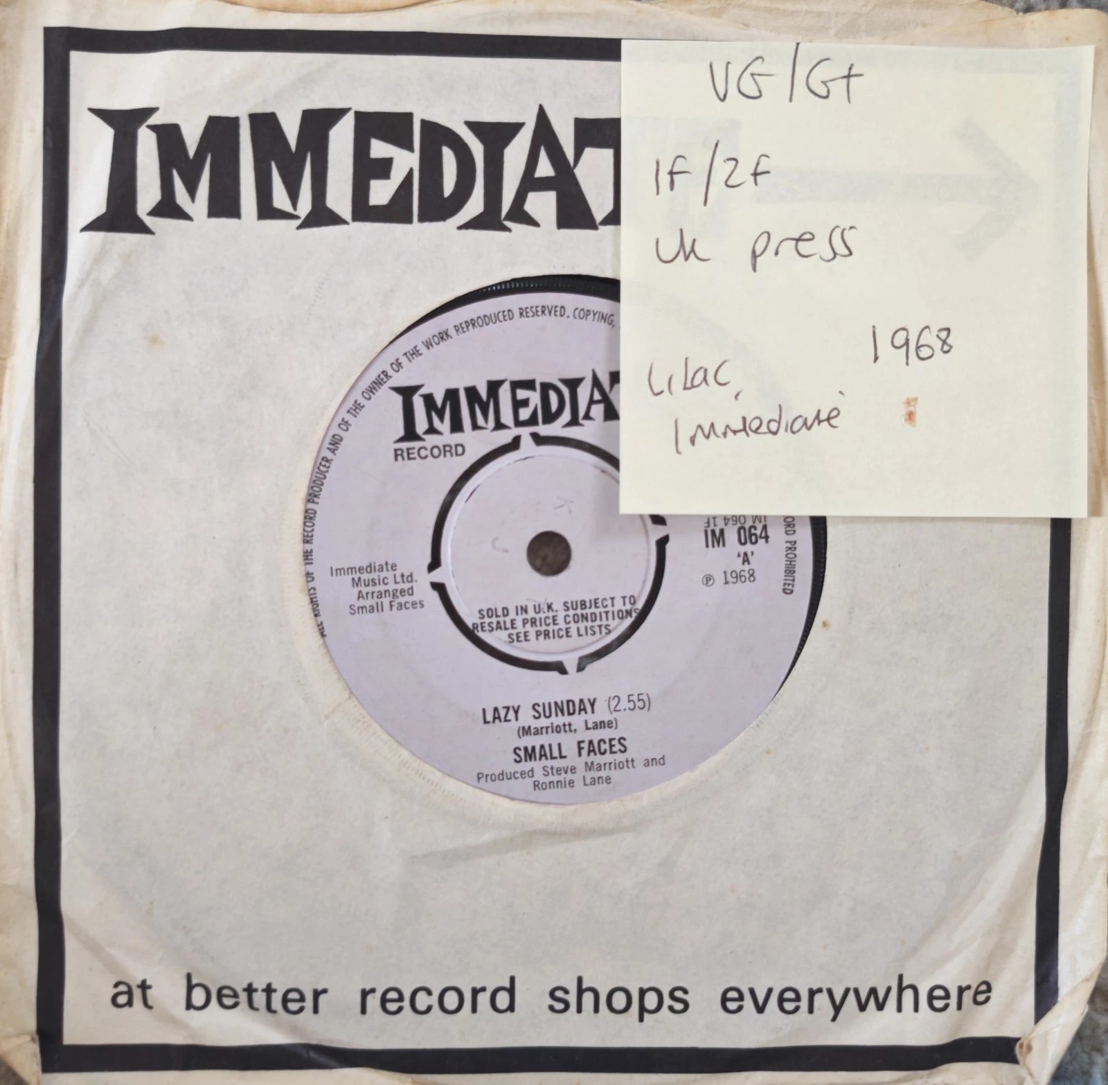 Small Faces Lazy Sunday / Rollin' Over Vinyl Record 7" VG/G+ IM 064 1968 vinyl record sleeve Small Faces Lazy Sunday / Rollin' Over Vinyl Record 7" VG/G+ IM 064 1968 vinyl record sleeve