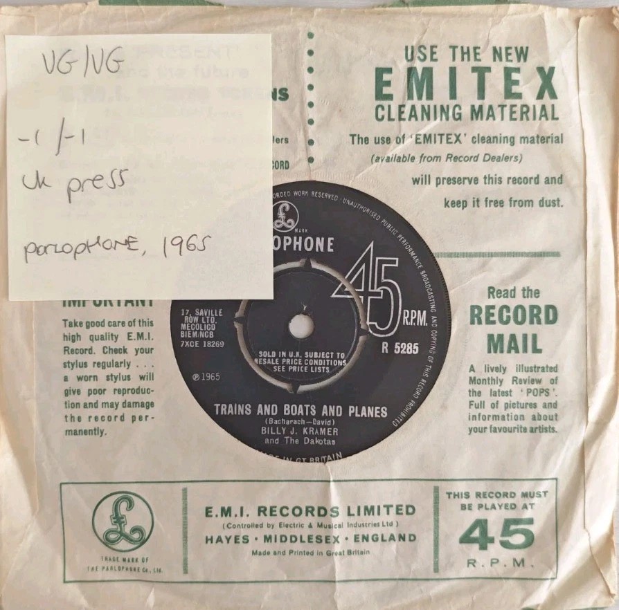 Billy J Kramer Trains & Boats & Planes Vinyl Record 7" VG/VG R-5285 1965 sleeve Billy J Kramer Trains & Boats & Planes Vinyl Record 7" VG/VG R-5285 1965 sleeve