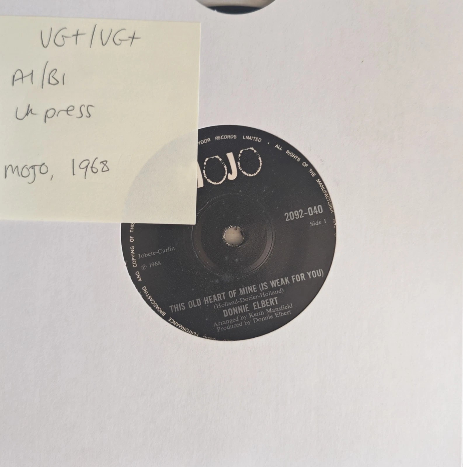 Donnie Elbert This Old Heart Of Mine Vinyl Record 7" VG+/VG+ 2092-040 vinyl record sleeve Donnie Elbert This Old Heart Of Mine Vinyl Record 7" VG+/VG+ 2092-040 vinyl record sleeve