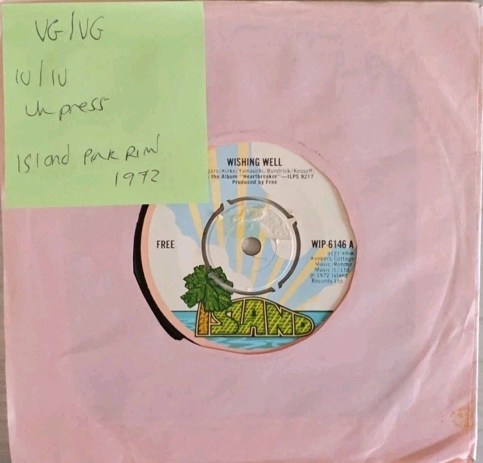 Free Wishing Well Vinyl Record 7" VG/VG WIP6146 1972 vinyl record sleeve Free Wishing Well Vinyl Record 7" VG/VG WIP6146 1972 vinyl record sleeve