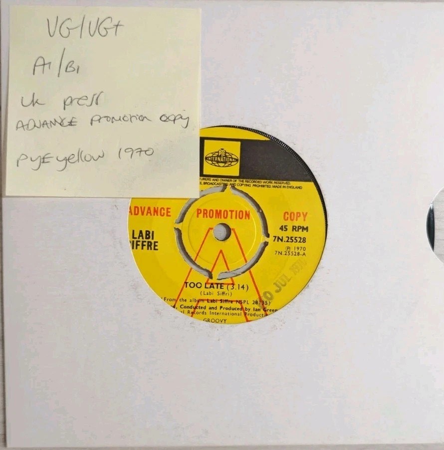 Labi Siffre Too Late Vinyl Record 7" VG/VG+ 7N.26628 Promo sleeve Labi Siffre Too Late Vinyl Record 7" VG/VG+ 7N.26628 Promo sleeve