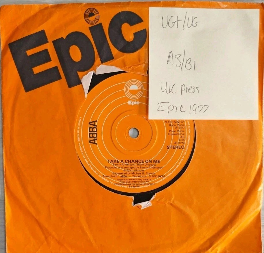 ABBA Take A Chance On Me Vinyl Record 7" VG+/VG EPC5950 1977 sleeve ABBA Take A Chance On Me Vinyl Record 7" VG+/VG EPC5950 1977 sleeve