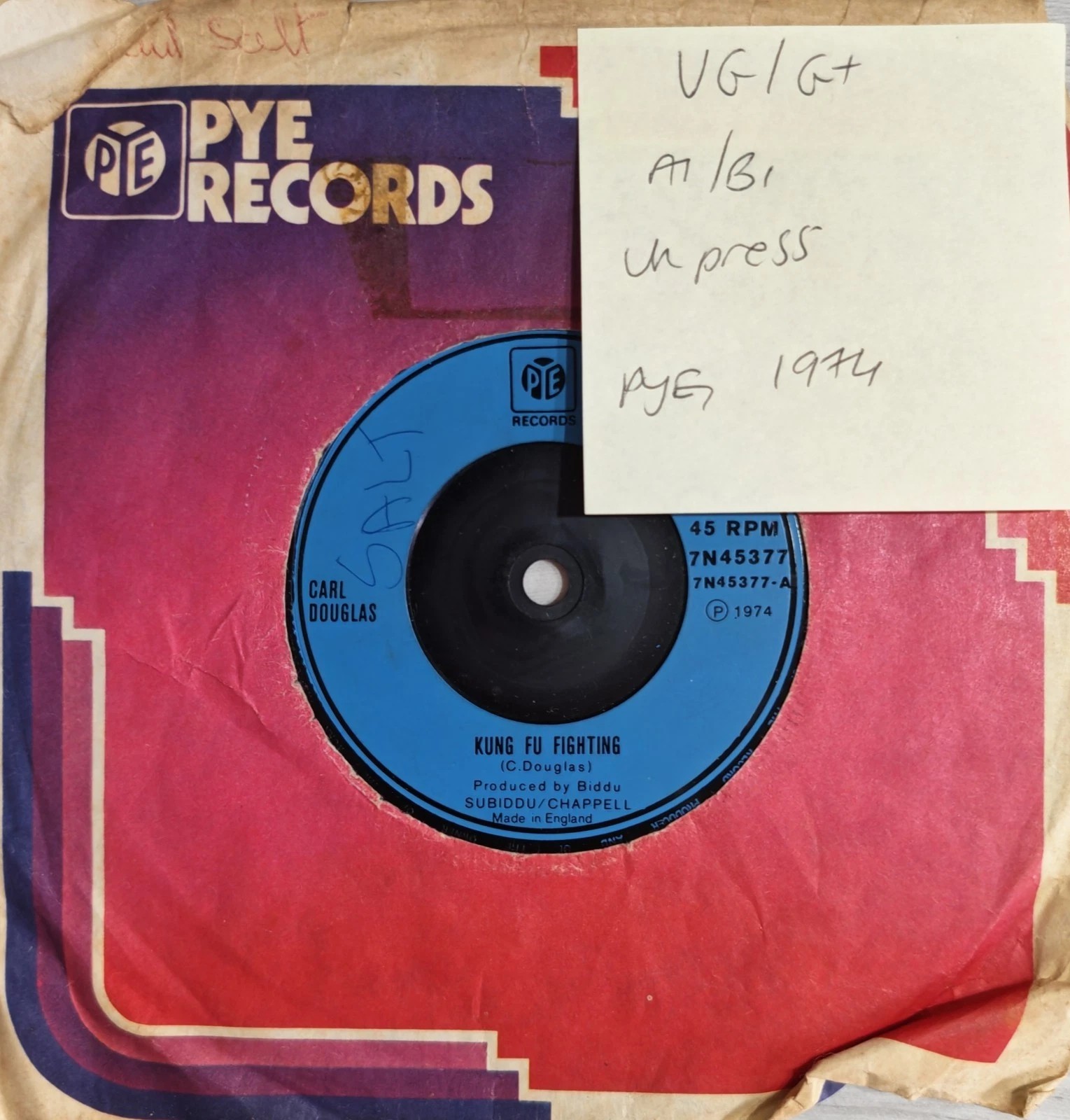 Carl Douglas Kung Fu Fighting Vinyl Record 7" VG/G+ 7N45377 1974 sleeve Carl Douglas Kung Fu Fighting Vinyl Record 7" VG/G+ 7N45377 1974 sleeve