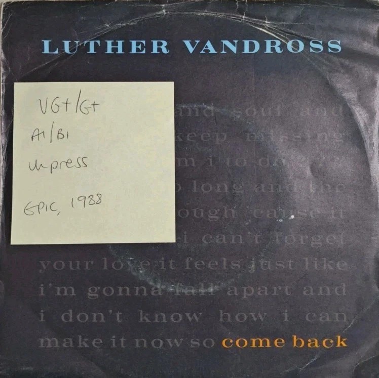 Luther Vandross Come Back Vinyl Record 7" VG+/G+ LUTH10 1988 sleeve Luther Vandross Come Back Vinyl Record 7" VG+/G+ LUTH10 1988 sleeve