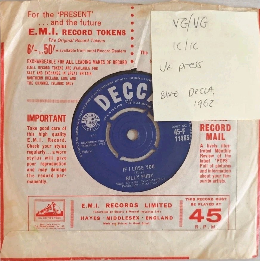 Billy Fury If I Lose You Vinyl Record 7" VG/VG 45-F11485 1962 sleeve Billy Fury If I Lose You Vinyl Record 7" VG/VG 45-F11485 1962 sleeve
