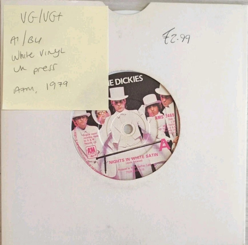 The Dickies Nights In White Satin Vinyl Record 7" VG/VG+ AMS 7469 1979 sleeve The Dickies Nights In White Satin Vinyl Record 7" VG/VG+ AMS 7469 1979 sleeve
